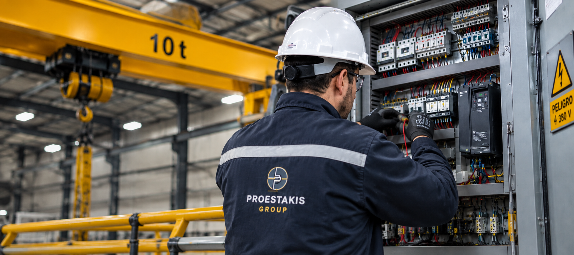 Técnico realizando mantenimiento en una instalación eléctrica industrial